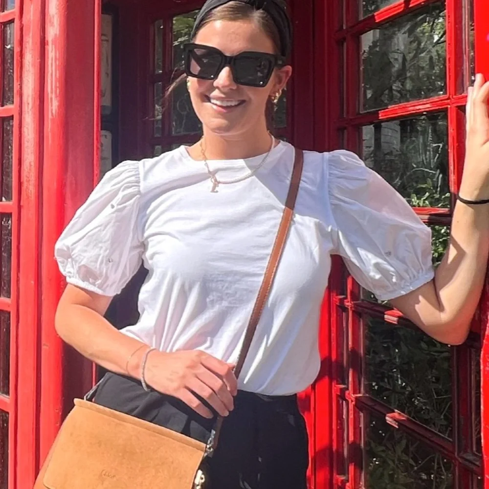 White Zara blouse with puff sleeves and rhinestones